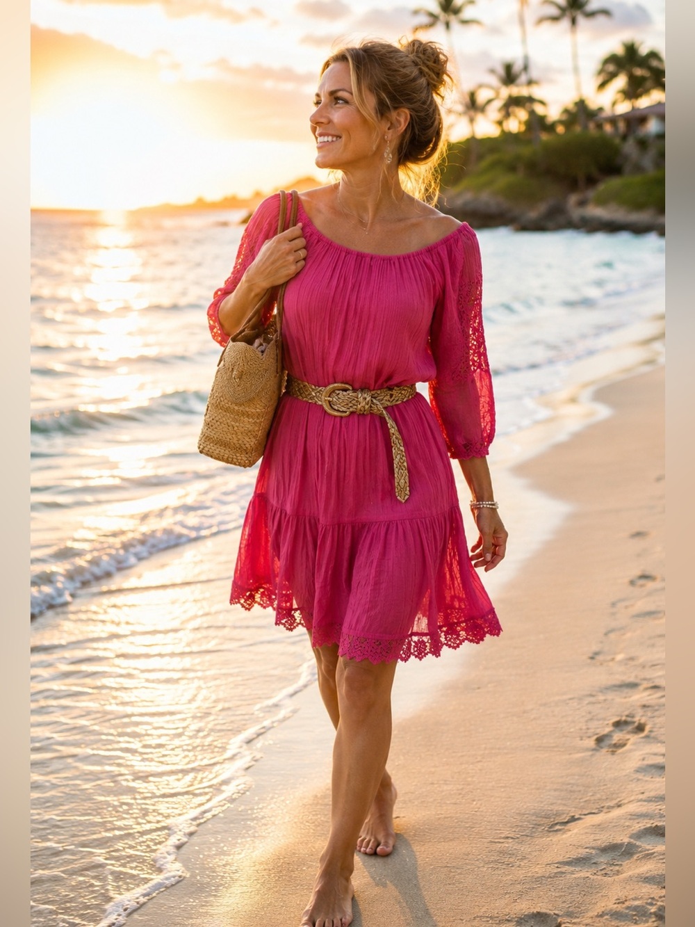 🌺 Indigo Rose Fuchsia Gauze Boho Dress | Size Large | Lace Trim | Summer Vibes
